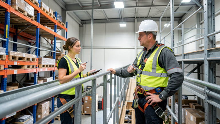 Une formatrice montre à un opérateur logistique équipé les bonnes pratiques de sécurité près de rayonnages et d'une mezzanine protégée dans un entrepôt.