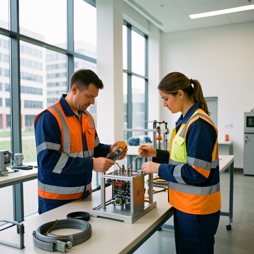 Un homme et une femme participent à une session de formation professionnelle sur la sécurité dans un centre moderne, avec des bâtiments administratifs visibles par les fenêtres.