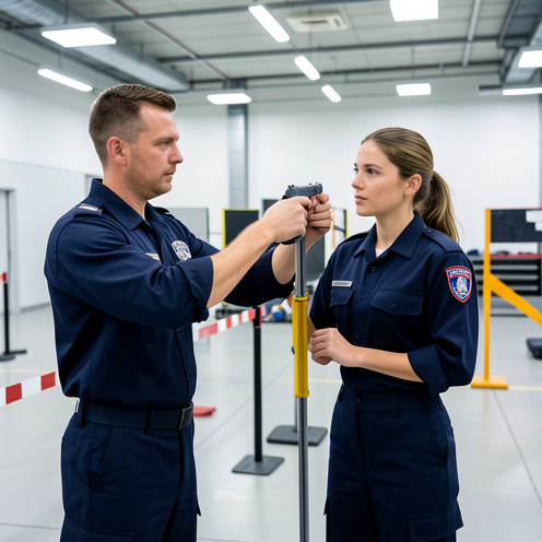 Un homme et une femme en formation aux métiers de la sécurité s’exercent dans un centre moderne, avec des équipements professionnels et des barrières d’entraînement.