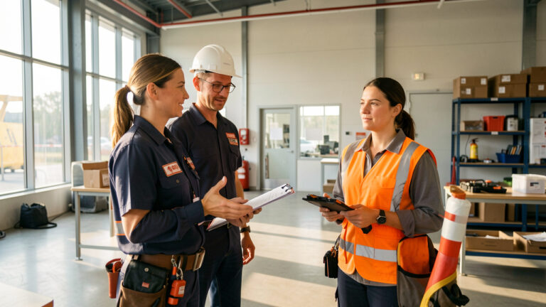 Une formatrice accueille deux nouveaux employés et leur présente les équipements de protection et les procédures de sécurité lors de leur première journée.