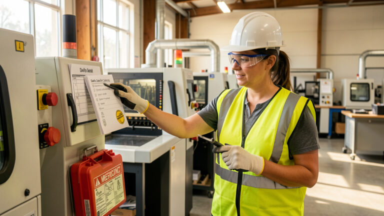 Une femme en tenue de protection vérifie les équipements de sécurité dans un atelier moderne afin d’ancrer les bons réflexes au quotidien.