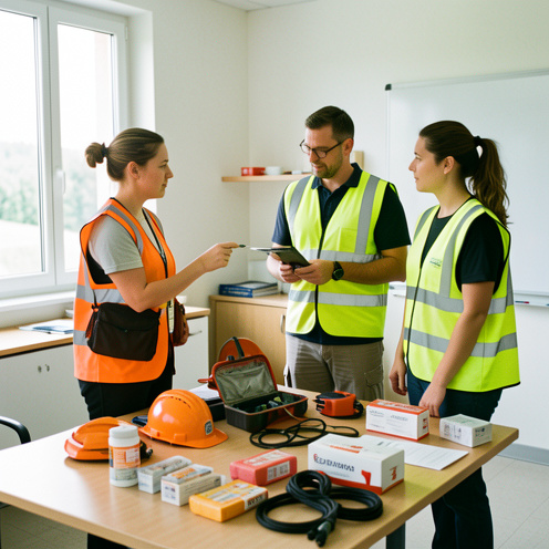 Une formatrice explique des techniques de prévention à deux stagiaires dans une salle de formation équipée de matériel de sécurité à Nevers.