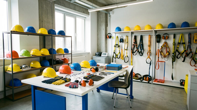 Salle de formation professionnelle présentant des équipements de protection individuelle soigneusement disposés pour sensibiliser à la prévention des risques et à la sécurité au travail.