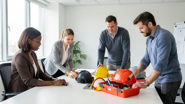 Une équipe mixte suit une formation pratique à la sécurité au travail autour d’une table, avec des équipements de protection et une trousse d’intervention.