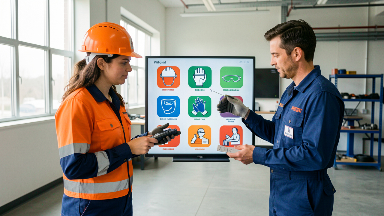 Une formatrice et un travailleur examinent des équipements de protection dans une salle de formation industrielle, avec un support visuel illustrant le suivi des competences.