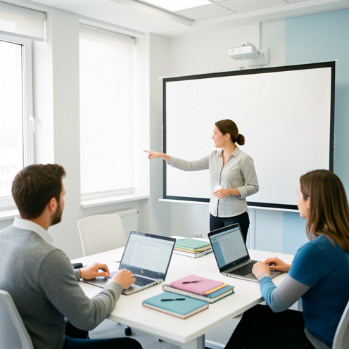 Une formatrice présente une formation numérique à deux adultes dans une salle de cours moderne équipée d’ordinateurs portables.