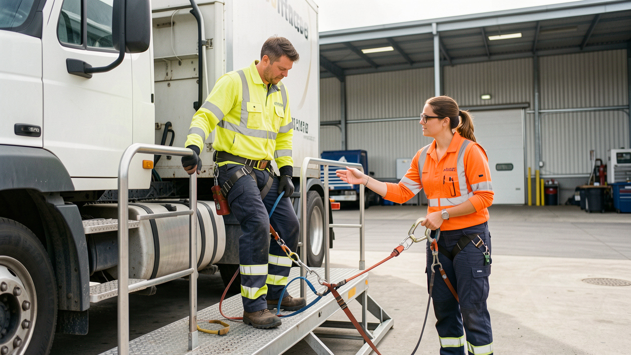 Un conducteur en tenue haute visibilité apprend auprès d’une formatrice les gestes sécurisés pour intervenir sur un véhicule depuis une plateforme protégée.