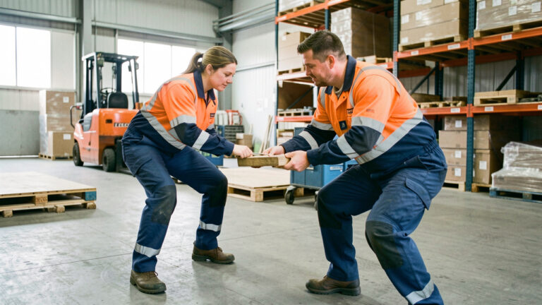 Une femme et un homme en entrepôt de transport apprennent les gestes sûrs de manutention et l’organisation ergonomique du travail.