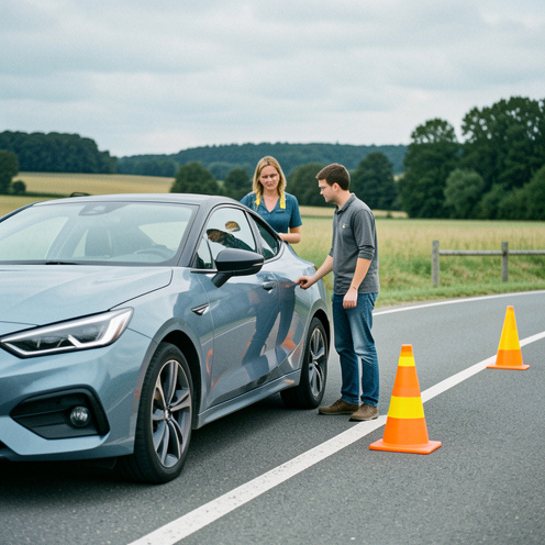 Une formatrice et un jeune apprenant près d’une voiture de formation, dans une aire d’apprentissage routier à Chaumont.