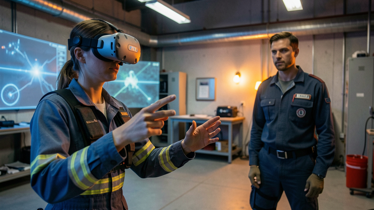 Une femme portant un casque de réalité virtuelle s’exerce à des procédures d’urgence dans une salle de formation industrielle, sous l’observation d’un instructeur.