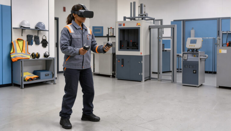 Femme portant un casque de réalité virtuelle et s’exerçant aux procédures de sécurité au travail dans un espace de formation industrielle.