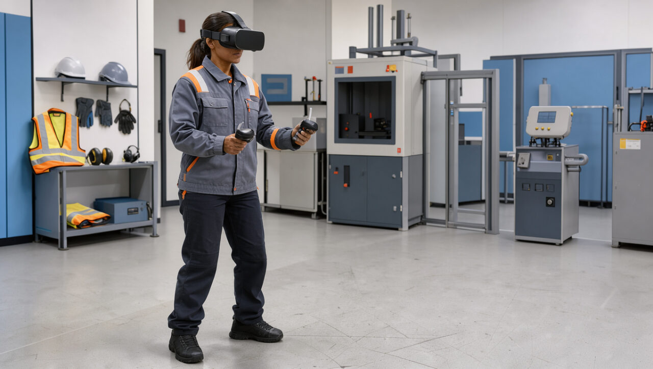 Femme portant un casque de réalité virtuelle et s’exerçant aux procédures de sécurité au travail dans un espace de formation industrielle.