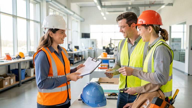 Une spécialiste de la santé et de la sécurité au travail échange avec un ingénieur dans un centre de formation industriel moderne.